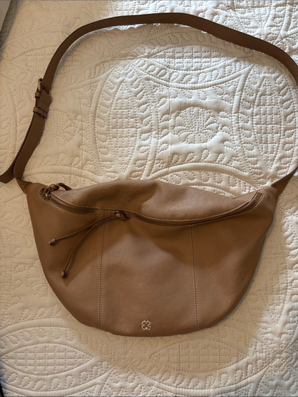 Leather Crescent Crossbody Bag in Tan. Lucky Brand
